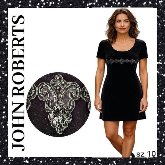 Black Velvet Sequin & Bead Embellished Cocktail Dress Upscale Designer - Picture 1 of 11